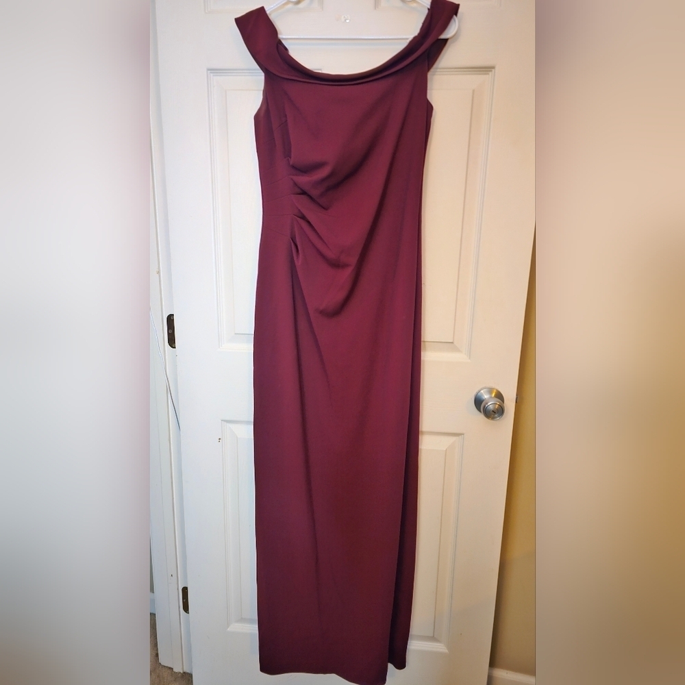 DB Studio Off the Shoulder Jersey Sheath Gown Burgundy Wine
